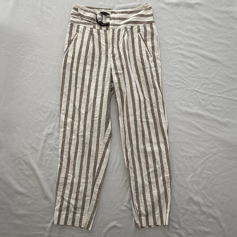 By Anthropologie Striped Linen Blend Pants Sz 2 Cream Brown High Waisted Belted